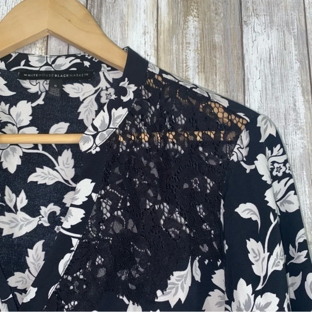White House Black Market Black & White Floral Lace Trim Button Blouse - Picture 5 of 6